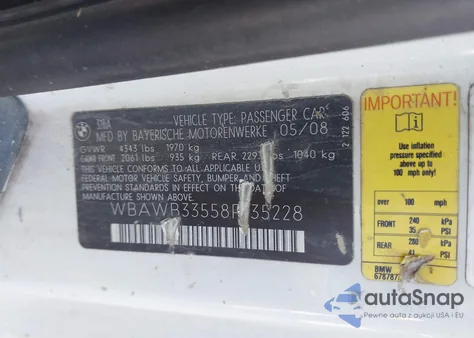 2008 BMW 328I из США, поврежденный, VIN WBAWB33558P135228